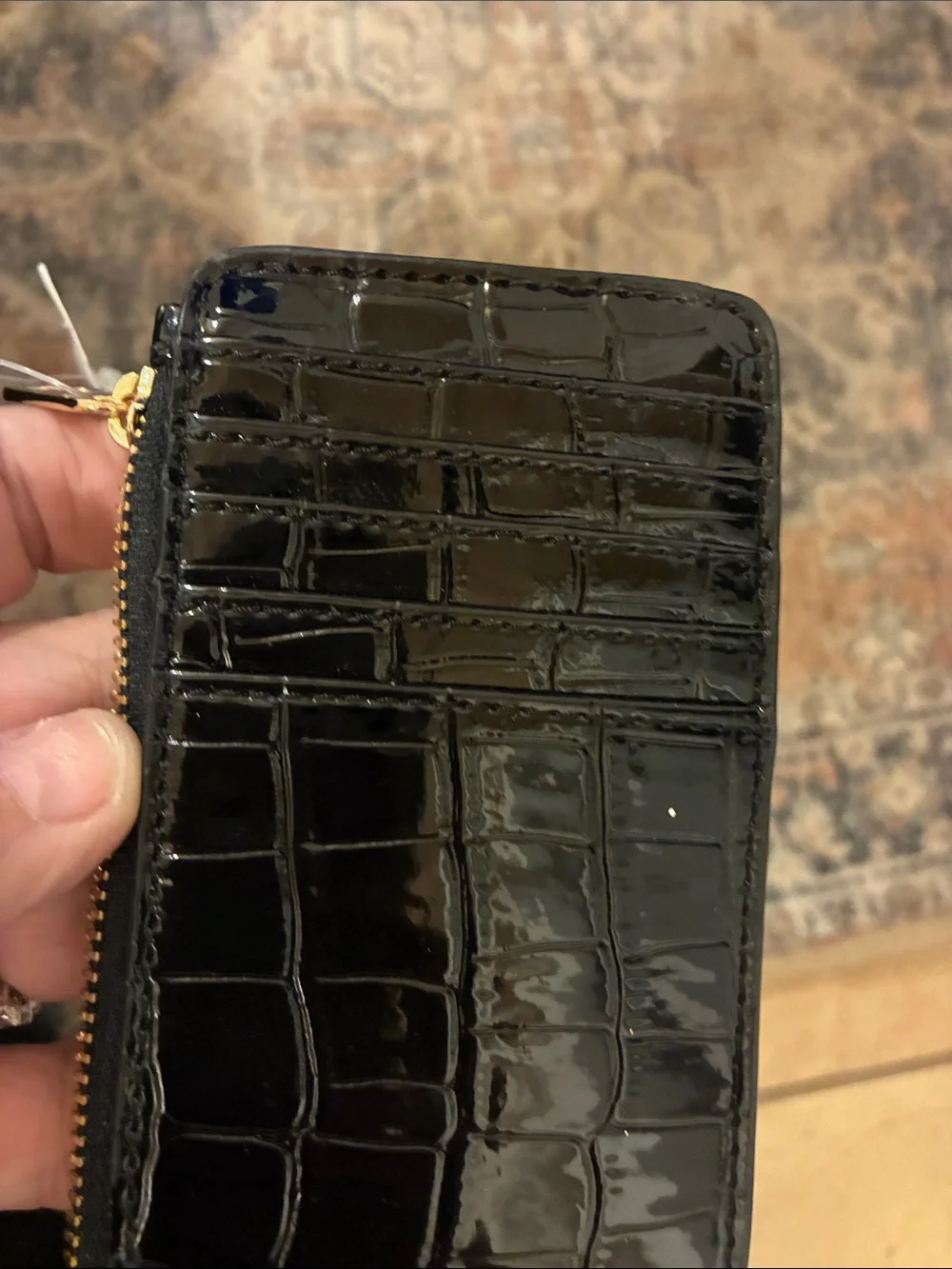 LOFT Black Croc-Embossed‎ Patent Zip Card Case